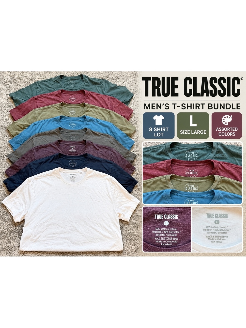 True Classic Mens Large Crew Neck T-Shirts 8-Piece Lot